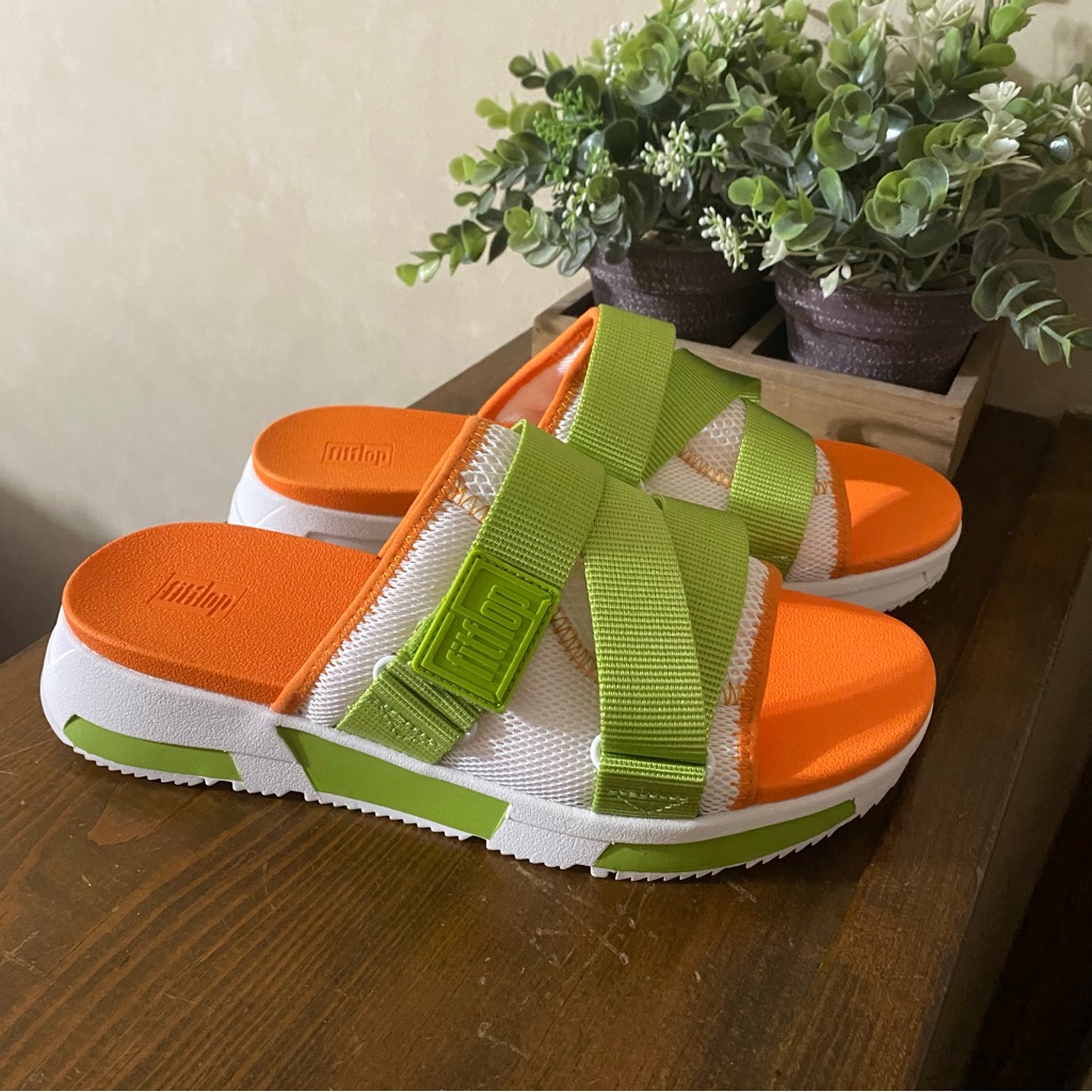 Fitflop Lime Green And Orange Cross-Strap Slide Sandals